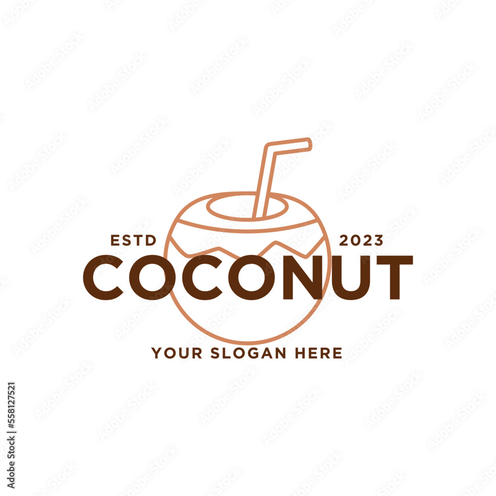 Coconut water drink logo design. Resort logo with beach and coconut palms view in coconut drink