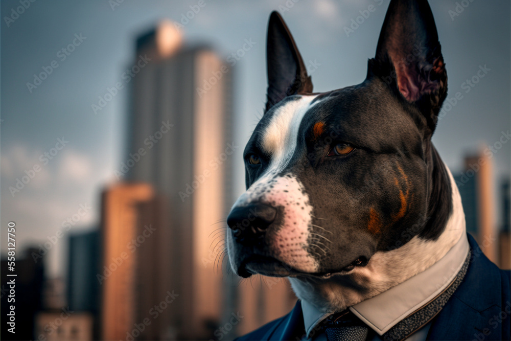 Portrait of a business dog in a stylish business suit against the backdrop of a big city, dog boss illustration,business concept, ai generated
