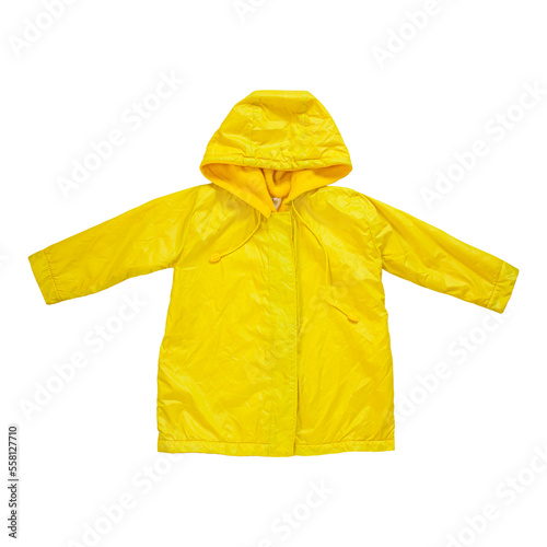 Yellow raincoat on transparent background isolated. Happy funny kids outwear autumn style clothes. Enjoying rainfall. Happy rainy day concept, Hello Fall greeting card copy space flat lay.Bright rain 