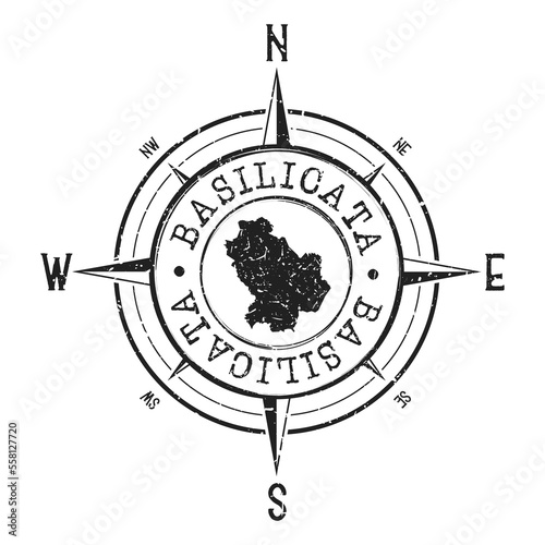 Basilicata, Italy Stamp Map Compass Adventure. Illustration Travel Country Symbol. Seal Expedition Wind Rose Icon.