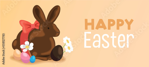 Chocolate easter bunny with easter eggs vector illustration banner and decorative flowers. Springtime easter sales poster template.
