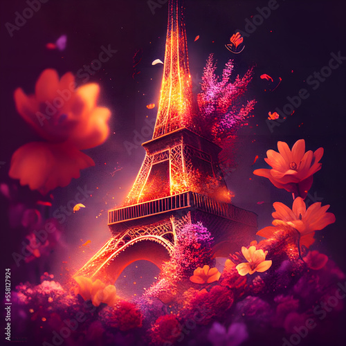Eiffel tower with lights colorful flowers © MmeBlueBird