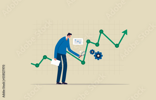 Stock market data analysis. .Analyze financial or investment charts. . Businessman using magnifier and tools to analyze chart. Illustration