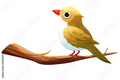 Yellow canary bird sitting on branch with wings and tail cute character in cartoon style isolated on white background.