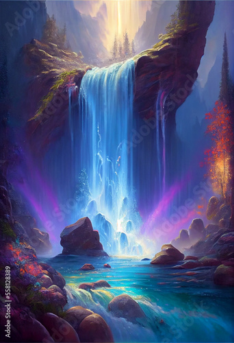Beautiful Waterfall that Shimmers in the Sunlight. The Glittering Motion and Colors of the Waterfall Landscape, Generative Ai Waterfall Landscape