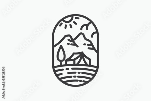 camping logo with a combination of tent, tree, mountains and sun.