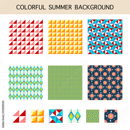 set of simple abstract geometric shapes patterns seamless in warm colors tone for hot summer background