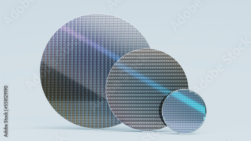 Set of Three Silicon Wafers of Different Sizes, 300mm, 200mm and 100mm, on White Background photo