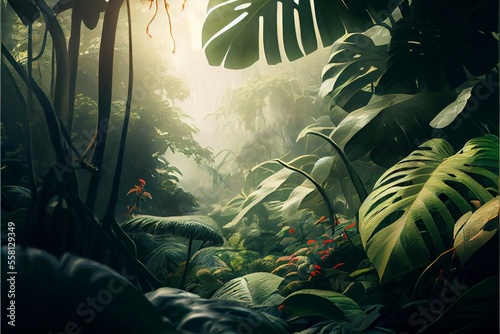 Fototapeta Naklejka Na Ścianę i Meble -  Intricate beauty of rainforest, jungla, tropical forest with big monstera leaves, stunning green horizontal background #4, warm lights, key visual, generative ai