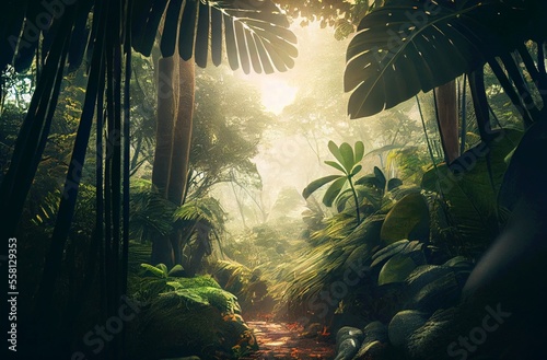 Intricate beauty of rainforest, jungla, tropical forest with big monstera leaves, stunning green horizontal background  3, warm lights, key visual, generative ai © rob2588