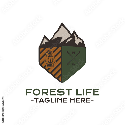 Forest life badge design with whale, mountain landscape and quote-adventures. Travel logo graphics. Stock vector camping label
