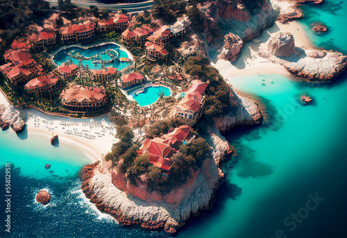 The coastline of Turkey. Stunning turquoise ocean. Generative Ai Art. Aerial view. Picturesque landscape with hotels.