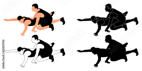 Set silhouettes athletes wrestlers in wrestling, duel, fight. Greco Roman, freestyle, classical wrestling. Martial art