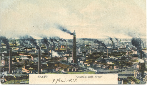 Historische Industriekulisse in Essen; Kruppsche Gußstahlfabrik 1908 (original gelaufene Postkarte)