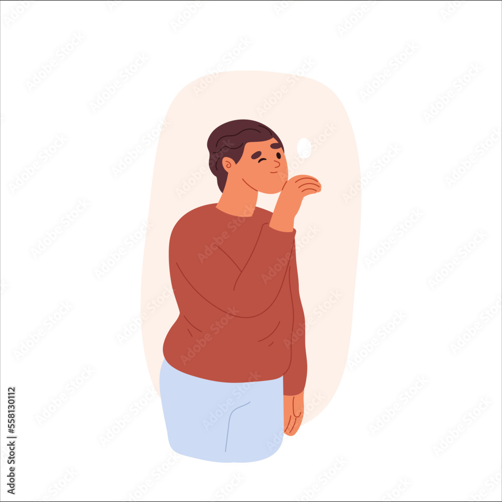 Young man spying, observing, sneaking. Male peeping look through hole in wall. Suspicious man peek