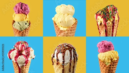 Ice cream of various colors changing at yellow and blue backgrounds. Stop motion of six ice creams. Sweet desserts. Food concept. Colorful ice cream. 4K, UHD