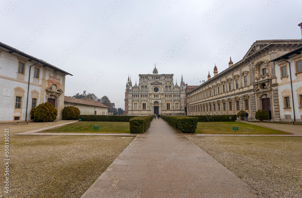 PAVIA, ITALY, DECEMBER 28, 2022 - View of Certosa of Pavia, Monastery of Santa Maria delle Grazie, the historical monumental complex including a monastery and a sanctuary, near Pavia, Lombardy, Italy