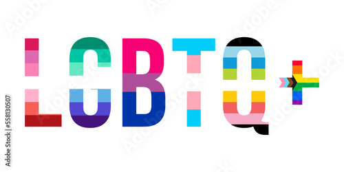 LGBTQ+ word banner illustration isolated. Typography with L Lesbian flag, G Gay Pride flag, B Bisexual flag, T Transgender community pride, Q Queer. Gay parade symbol