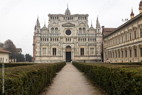 PAVIA, ITALY, DECEMBER 28, 2022 - View of Certosa of Pavia, Monastery of Santa Maria delle Grazie, the historical monumental complex including a monastery and a sanctuary, near Pavia, Lombardy, Italy