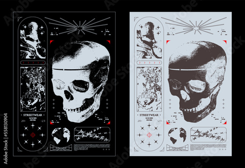 Retro futuristic poster with human skull. Abstract print with noise, for streetwear, print for t-shirts and sweatshirts on a black background