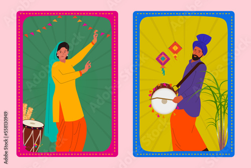 Happy Lohri text with Punjabi man and woman dancing and Indian festival background vector for banner design, social media post, and invitation card design.