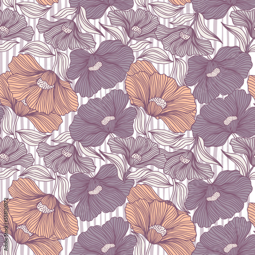 Abstract flower line seamless pattern. Delicate floral vintage outline endless background. Retro style.