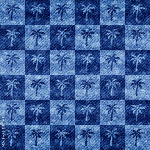 Palm seamless pattern. Repeating palm trees pattern. Shibori coconut tree. Blue color background. Repeated tropical texture for design summer prints. Repeat coconuts palmtree. Vector illustration