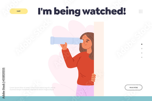 Being watched concept of landing page with curious young woman spying look through spy glass hiding