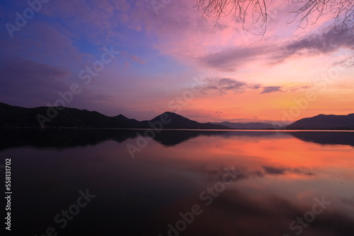 evening light after sunset at Lam Taphan Reservoir Suphanburi Province  Thailand