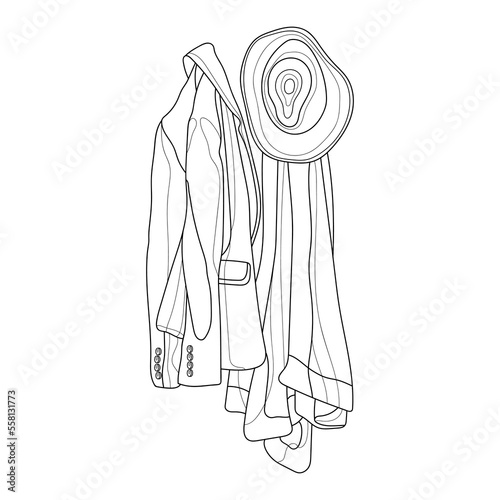 Clothes are hanging on a hanger. Coat and hat. Black and white vector image. Coloring.