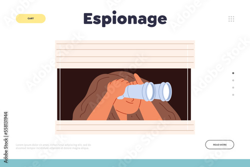Espionage concept of landing page with young woman spying, sneaking. Girl with binocular peeping