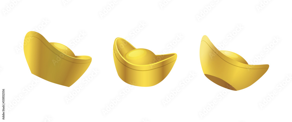 Realistic three objects sycees gold ingots or yuan bao for chinese new year or lunar new year set isolated vector Realistic three objects sycees gold ingots or yuan bao for chinese new year or lunar new year set isolated vector