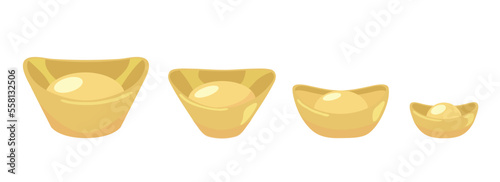 Different types and sizes of gold chinese sycees ingots aligned illustration vector set. Boat shaped yuanbao for chinese new year or lunar new year.