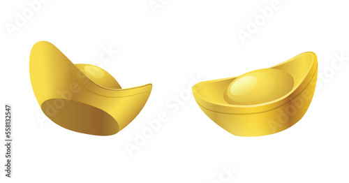 Two realistic chinese sycees gold  ingots vector illustration set. Boat shaped yuanbao for Chinese New Year festivities, symbol of prosperity.