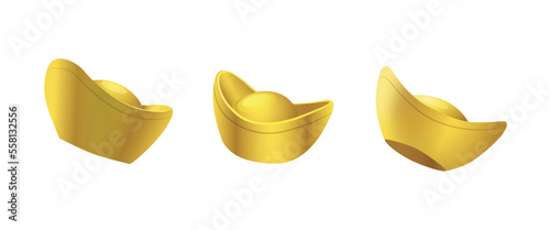 Realistic three objects sycees gold ingots or yuan bao for chinese new year or lunar new year set isolated vector
