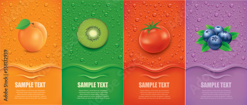 many fresh juice drops background with  blueberry, tomato, apricot, kiwi