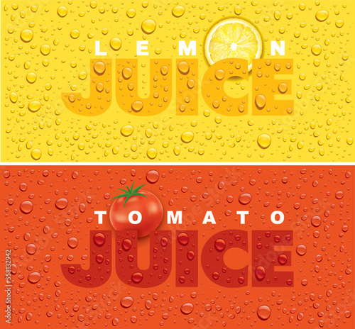 juice background with lemon slice, tomato and with many juice drops 