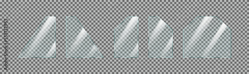 Set of reflective glass plates or banners. Realistic vector illustration isolated on transparent background.
