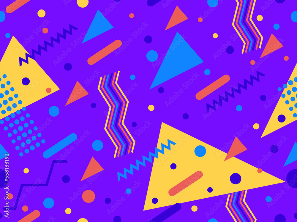 Seamless pattern with geometric shapes in 80s memphis style. Colorful geometric pattern. Design for promotional products, wrapping paper, brochures and printing. Vector illustration Seamless pattern with geometric shapes in 80s memphis style. Colorful geometric pattern. Design for promotional products, wrapping paper, brochures and printing. Vector illustration
