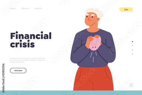Financial crisis concept of landing page with poor woman hold empty piggy bank, has no money