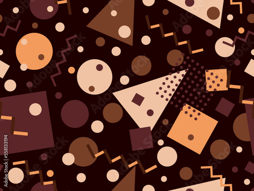 Seamless pattern with geometric shapes in 80s memphis style. Colorful geometric pattern. Design for promotional products, wrapping paper, brochures and printing. Vector illustration