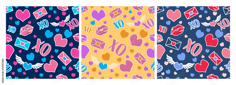 Vector Illustration set of A Cute Valentine's Day Heart Shape Decoration seamless patterns
