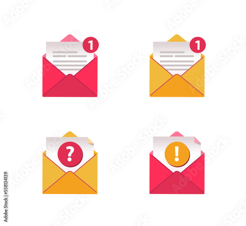 New Message icons set. Open mail paper envelope, exclamation and question mark.