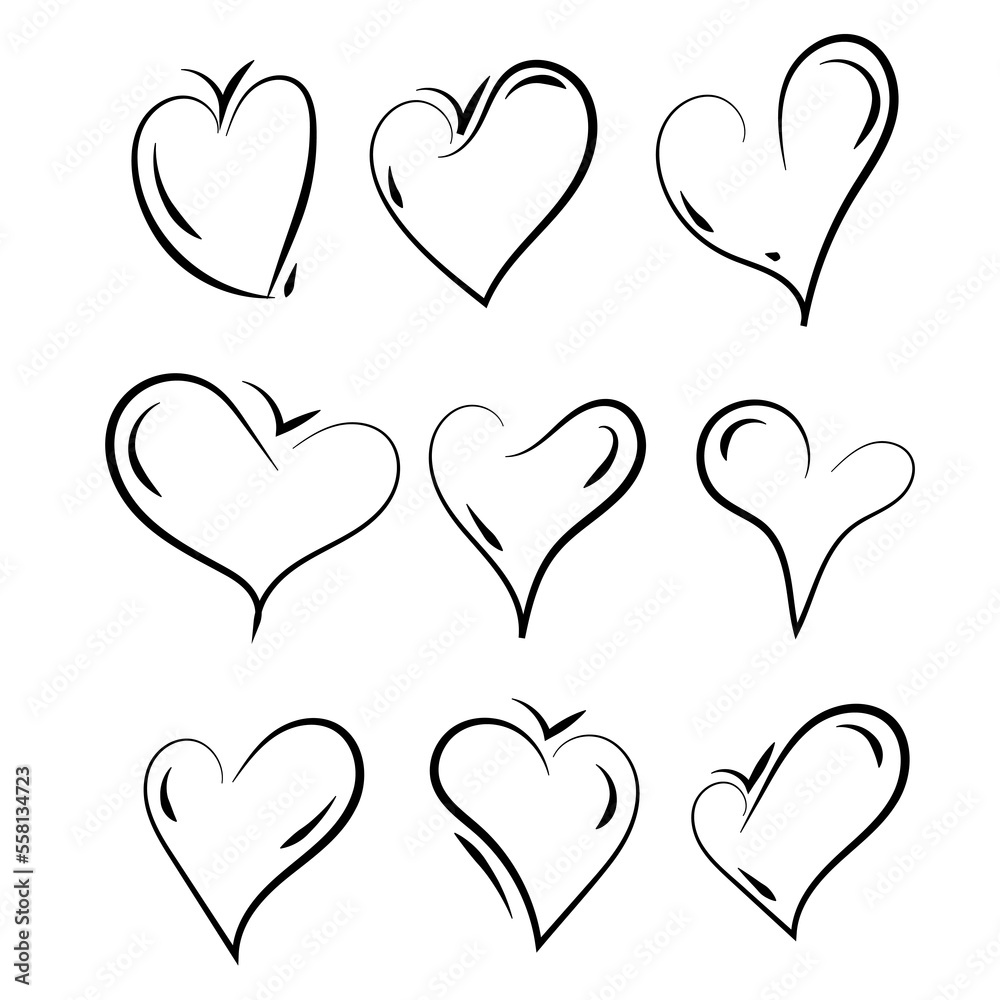 Set of different design hearts isolated on white background