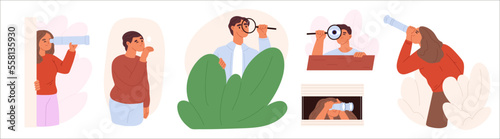 People spying, observing, sneak. Group of characters peeping with spying glass, magnifier, binocular