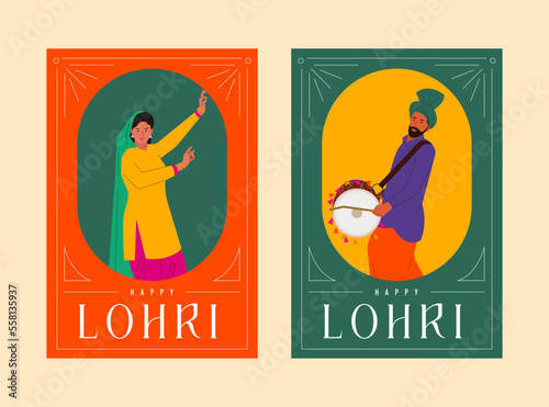 Happy Lohri text with Punjabi man and woman dancing and Indian festival background vector for banner design, social media post, and invitation card design.