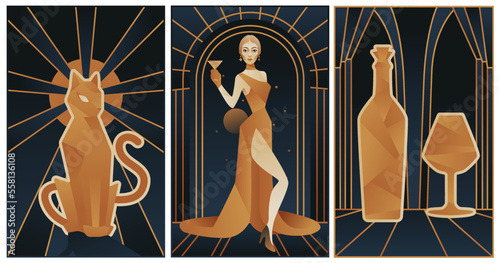 art deco illustrations of cat, bottle of wine and fashion lady