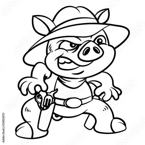 Cartoon illustration of Funny Piglet wearing cowboy outfit, get ready to duel with revolver. best for outline, logo, and coloring book with western cowboy themes for kids
