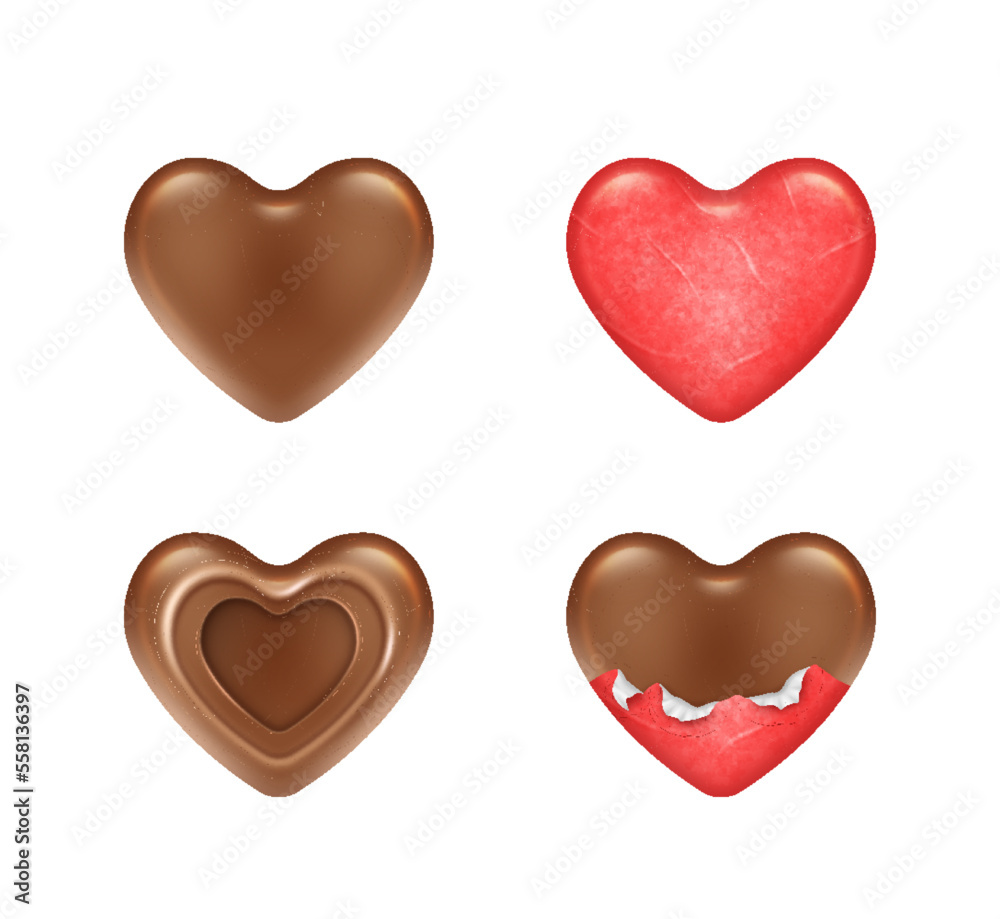 Chocolate candies desserts and candies in red foil wrapper. Heart shape pralines realistic set