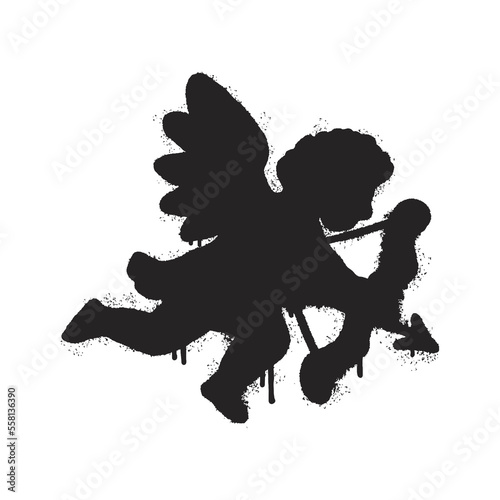 Angel Cupid silhouette with bow and arrow aiming down. Spray urban graffiti style. Vector illustration.  St. Valentine's Day.